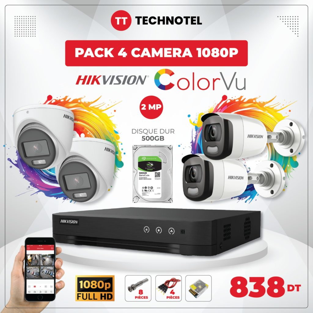 PACK-4 CAMERA HIKVISION 2MP FULL-COLOR(Disque Dur 500GB)